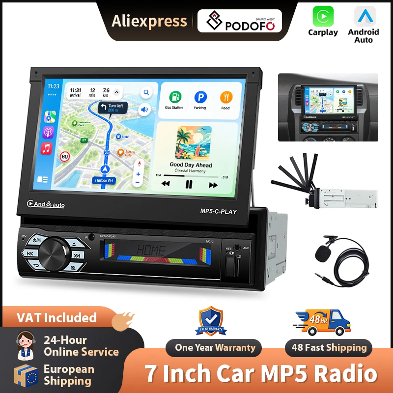 Podofo 7'' Carplay BT Musikradio MP5 Multimedia-Player BT FM 1din Autoradio Head Unit SWC Auto-Intelligentes System Multimedia-Stereo EQ Mirrorlink HD Touchscreen D-Play Monitor Auto-MP5-Radio