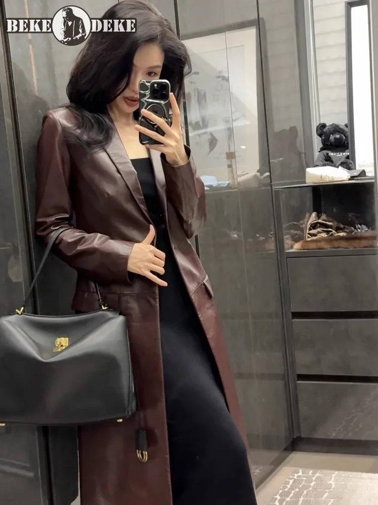 Italian Designer Women Long Sheepskin Genuine Leather Jacket Office Ladies Autumn Winter Work Slim Fit Windbreaker Trench Coat