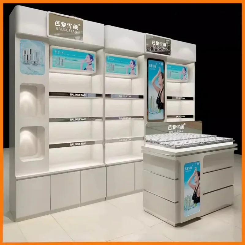 custom.Multi-Tiered Heavy Duty Cosmetic Display Stand with LED Lighting Glass Back Customizable Size Retail Sto