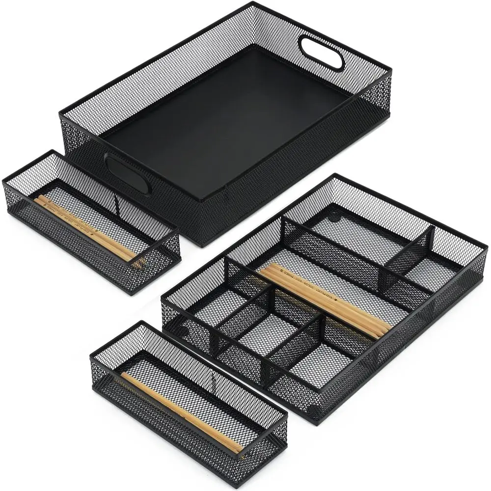 

Органайзер для стола с 6 регулируемыми отделениями, металлическая сетчатая подставка для ручек, набор лотков для канцелярских принадлежностей (4 шт., черный)