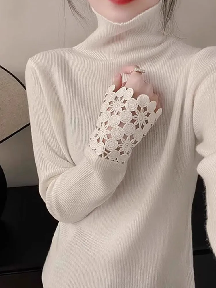 신상 슬리 홀로우 아웃 롱 슬리브 하이 칼라 니트 스웨터 슬림 핏 패셔너블 베이스 레이어 편안한 컬러 탑