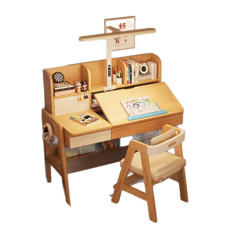 

Children's study table Household lifting solid wood desk Primary school students writing class table chair lamp table integrated