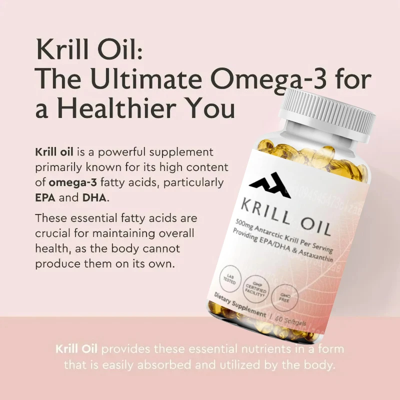 Antarctic Krill Oil 500mg Phospholipid Supplement, EPA/DHA Omega 3 and Astaxanthin Non GMO-60 Capsules