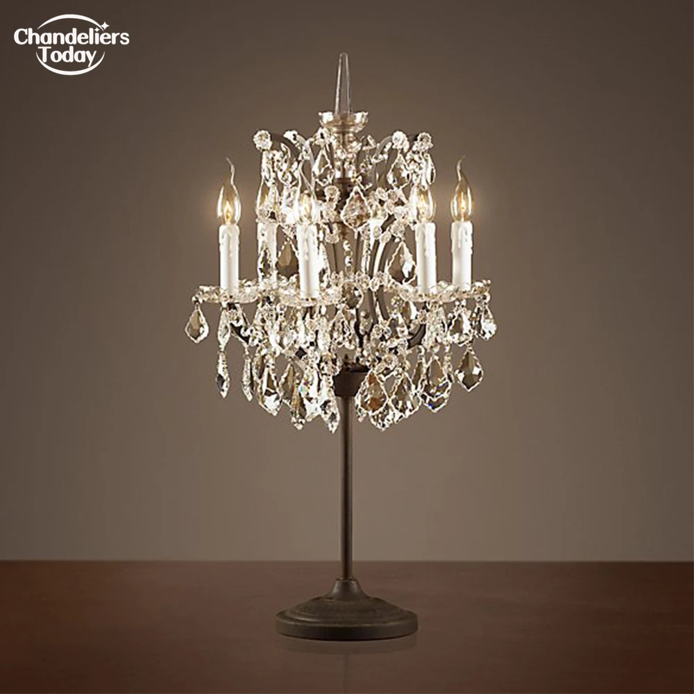 

19th C. Rococo Iron & Crystal Table Lamp Classic 6-Light LED Rustic Desk Lamp Clear Smoke Cristal Industial Light for Bedroom