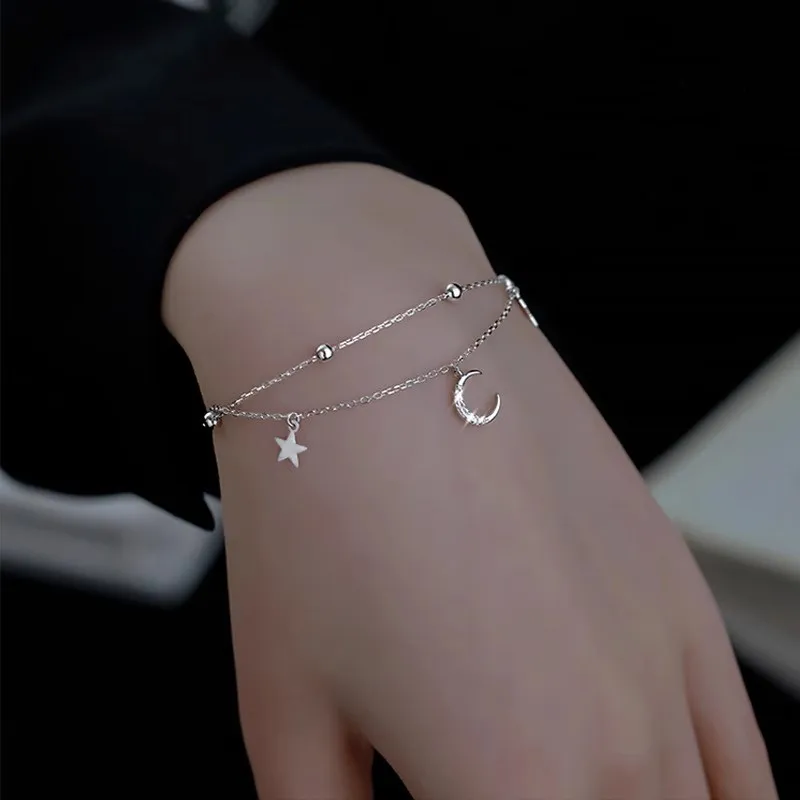 925 Sterling Silver Double Layer Star Moon Ball Bracelet Sparkling Zircon Bracelet Cute Fashion Wedding Jewelry Birthday Gift