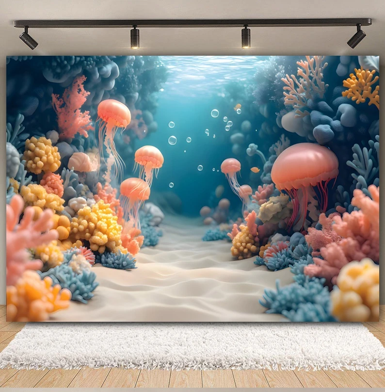 Underwater World Photography Backdrop Ocean Undersea Jellyfish Coral Mermaid Baby Birthday Party Decor Background Photo Studio