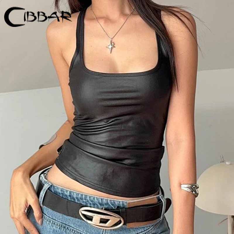 CIBBAR Black Leather Square Collar Crop Top Women Sleeveless Skinny Tank Tops Vintage 2000s Casual PU Vest Harajuku Y2k Tee Lady