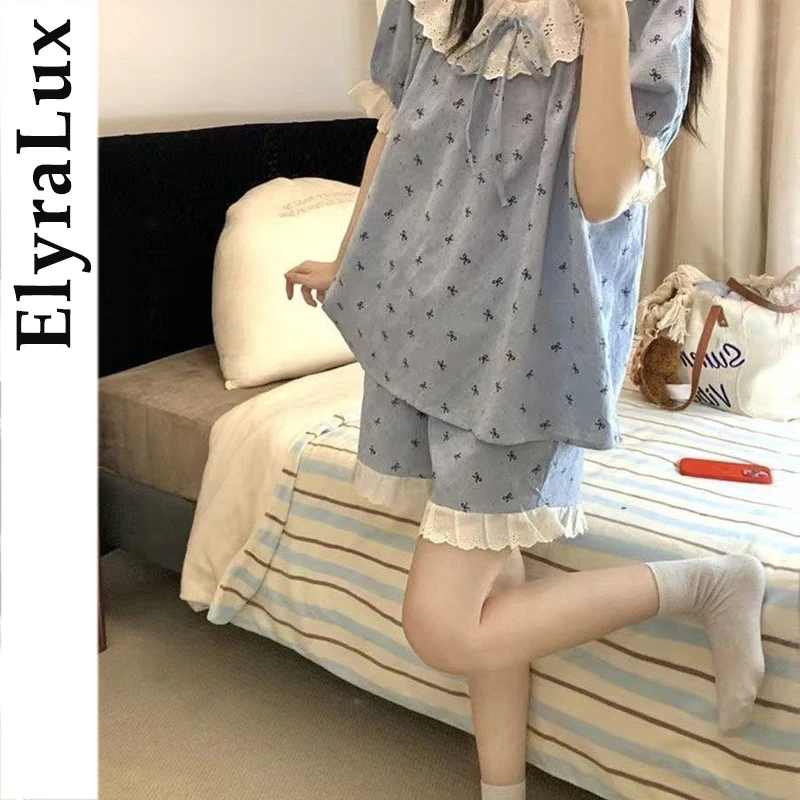 

ElyraLux Short Sleeve Pajama for Woman Sweet Cute Style Loungewear Summer Home Clothes Set Lace Sleepwear Thin ort