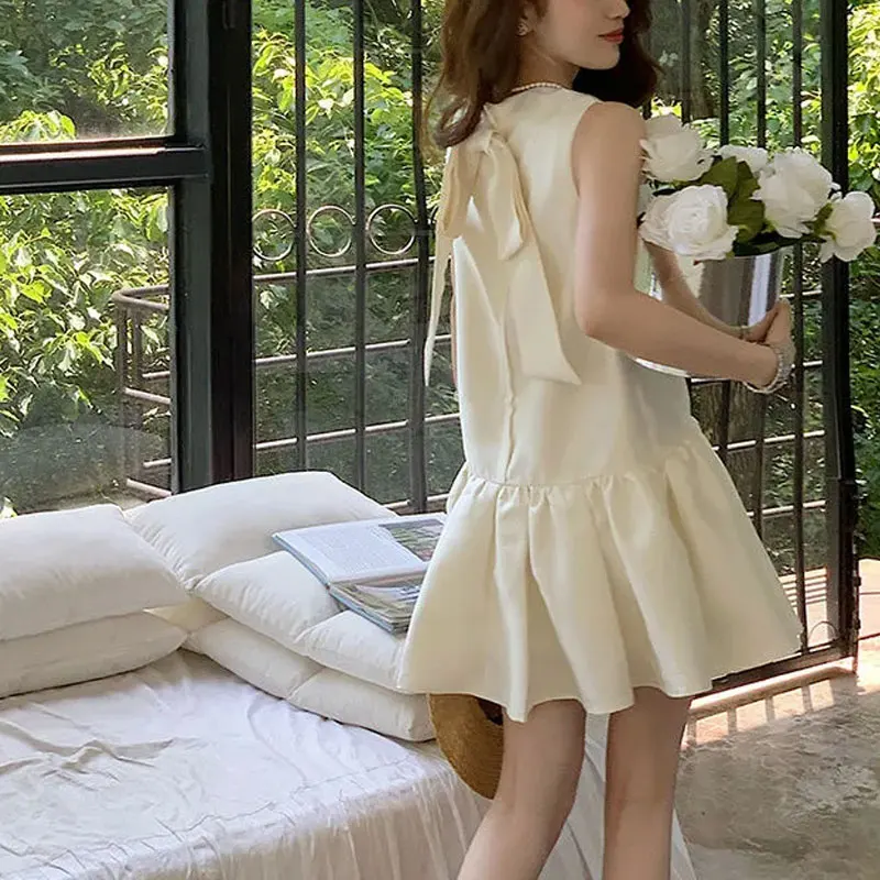 

Elegant French Style Bow A-Line Mini Dress Summer Sleeveless Female Clothing Fashionable Drawstring Aura Solid Color Sundress