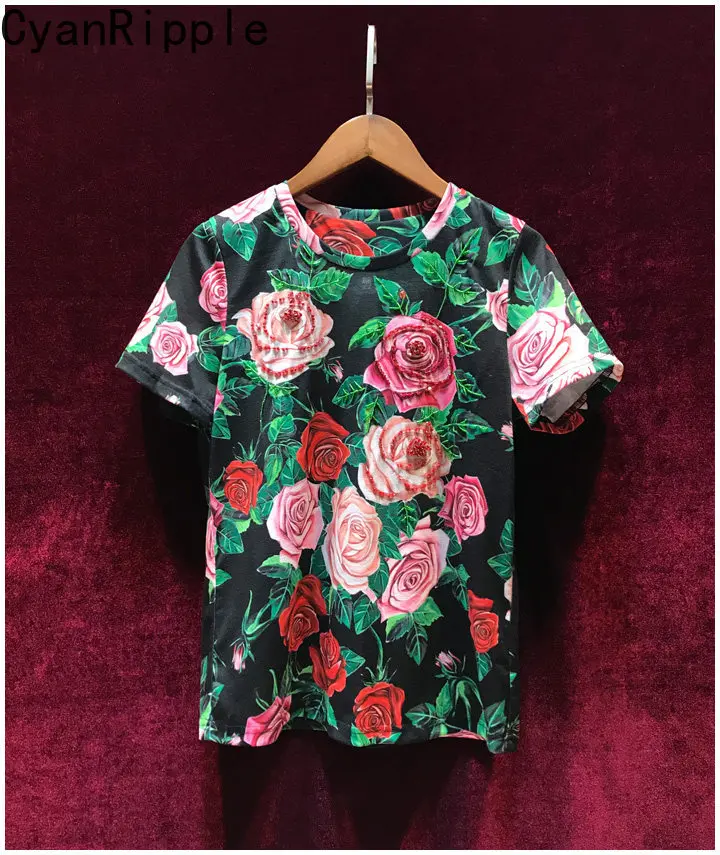 

Высококачественная футболка с цветочным принтом «Розы», модная женская, с роскошной вышивкой бисером, универсальная, с коротким рукавом, круглым вырезом, из модного хлопка