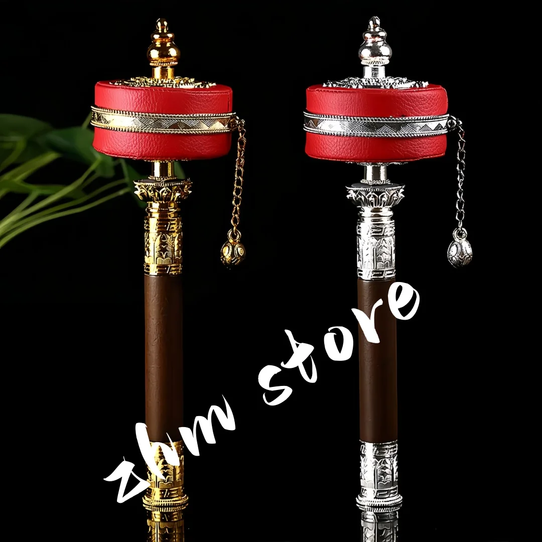 

Gold/Silver Red Leather Alloy Copper Lotus Base Decorate Six Words Mantra Hand Cranking Auspicious Prayer Wheel