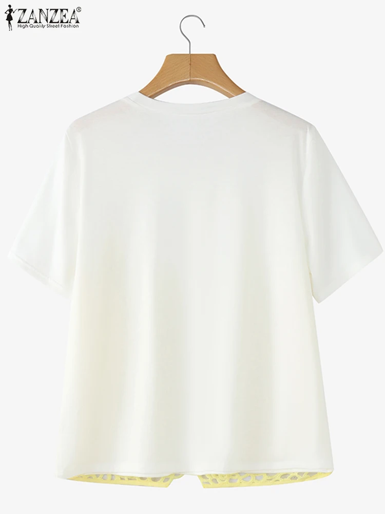 ZANZEA 2025 Fashion Patchwork Blouse Casual Loose knitted Tops Fake 2-piece Sets Tunics Fashion O Neck Blusas Spliced Pullover