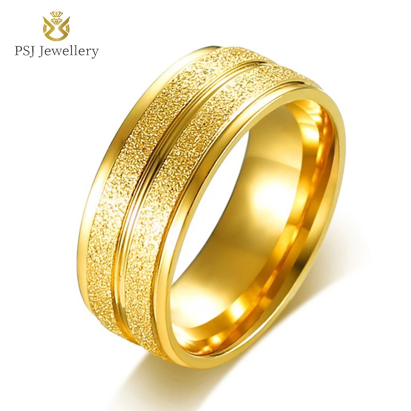 

PSJ Fashion Male Jewelry 8mm 24K Gold Plated Sandblast Grooved Titanium Stainless Steel Finger Rings for Men Engagement Wedding