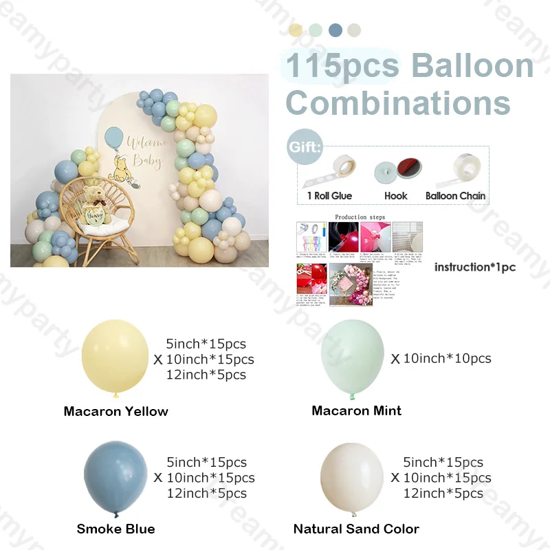 115 sztuk balony na imprezę z motywem niedźwiedzia Garland Arch Kit żółty łupek niebieski balon lateksowy na chrzest dzieci Baby Shower urodziny