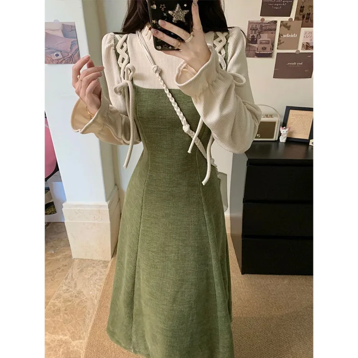 

Loose Long Sleeve Midi Dress New Year Student Style Dopamine Illusion Two-Piece Dress with Bow Knot Polyester Fiber Dress