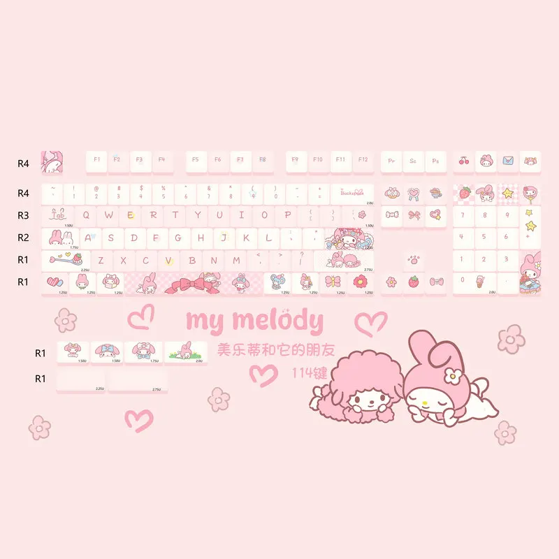 Hellokitty Kuromi My Melody Keycaps Moa 95keycaps 114keycaps مخصصة التسامي الكرتون الملحقات للوحة المفاتيح الميكانيكية