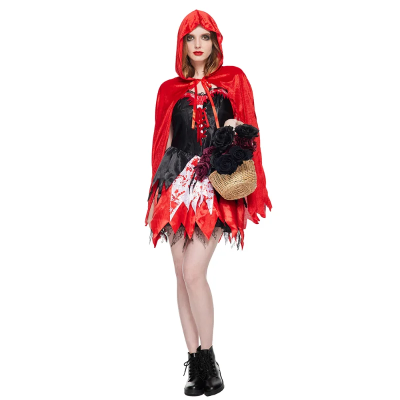 Women Bloody Little Red Riding Hood Costume Halloween Party Dress with Cape Carnival Easter Purim Fancy Dress