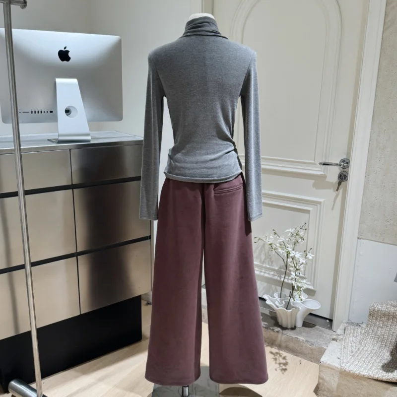 Pantalones de pierna ancha gruesos y cálidos con forro polar para mujer, ropa de calle informal, pantalones largos sueltos de Color sólido, Otoño e Invierno