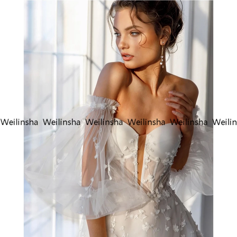 Angepasst Weilinsha V-ausschnitt Weiß 3D Blume Brautkleider Sommer Weg Von Der Schulter Tüll Brautkleider Zipper Zurück Vestidos De F