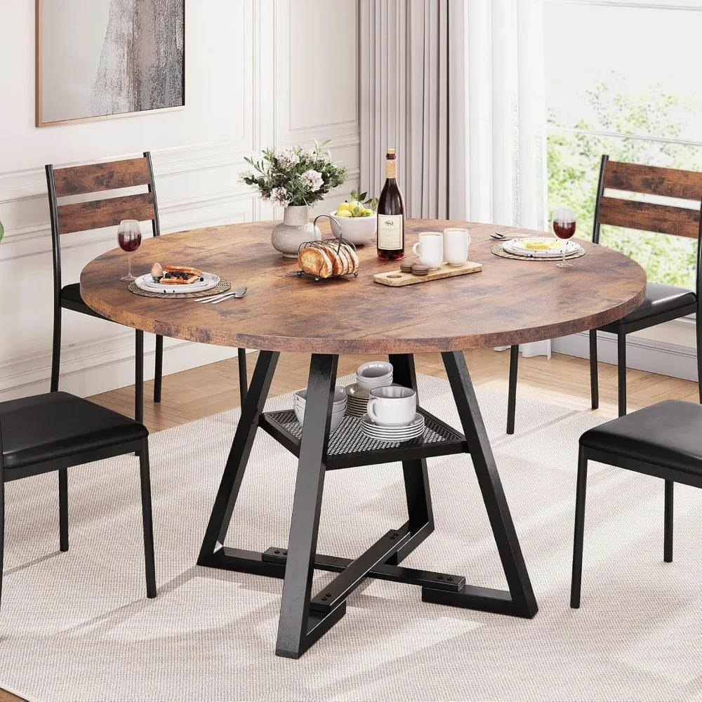 

Rustic Brown Round Pedestal Dining Table - Space Saving Wood Kitchen & Dining Room Table