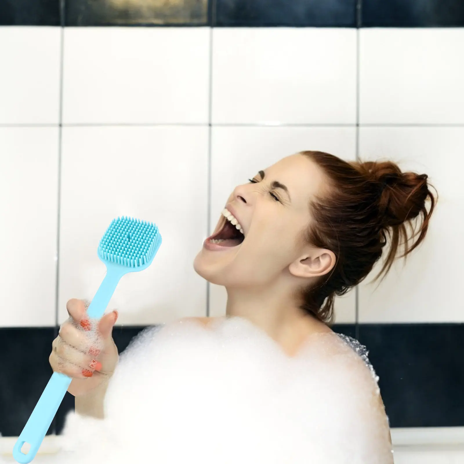 Ergonomic Silicone Body Scrubber Long Handle Shower Brush for Back Massage Dead Skin Removal Blood Circulation Boost Bath Brush