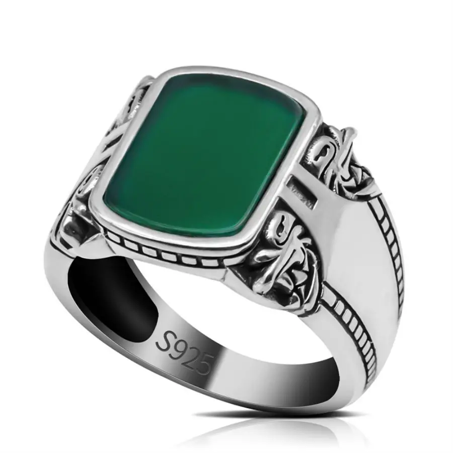 Wholesale 925 Sterling Silver Ring Vintage Turkish Finger Natural Green Agate Stone Wholesale Price Silver Ring For Men Design