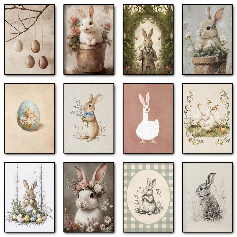 Póster Vintage de Primavera y Pascua con Conejitos Divertidos, Huevos Coloridos y Gansos Locos, Pintura en Lienzo para Decoración de Pared, Cuadros para el Hogar