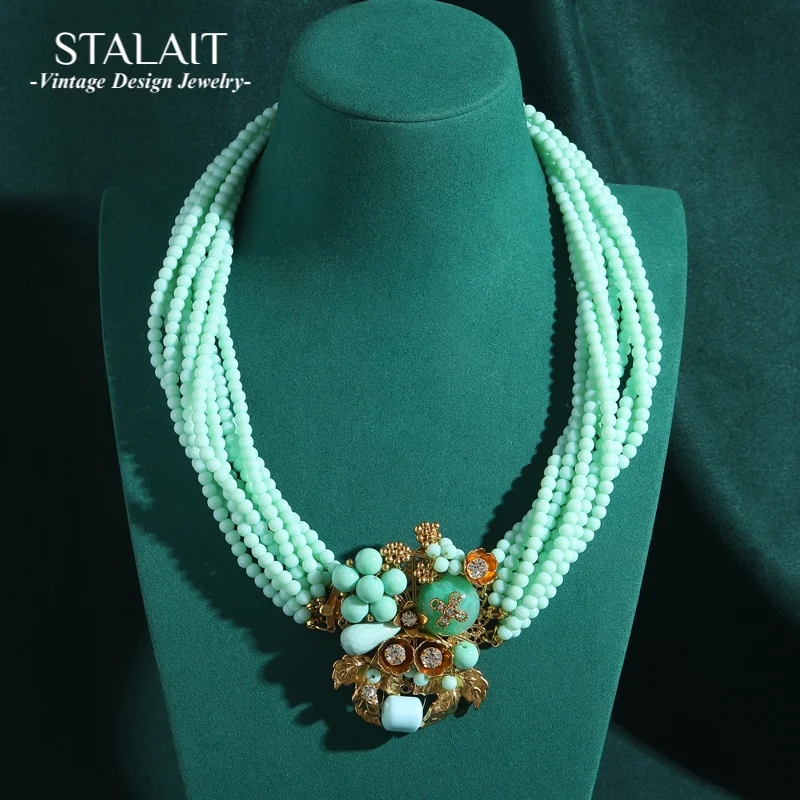 

Многослойные ожерелья из бисера в стиле ретро, винтажные стеклянные зеленые кристаллы, натуральный камень, цветок, дизайнерские женские антикварные ювелирные изделия, роскошные новые