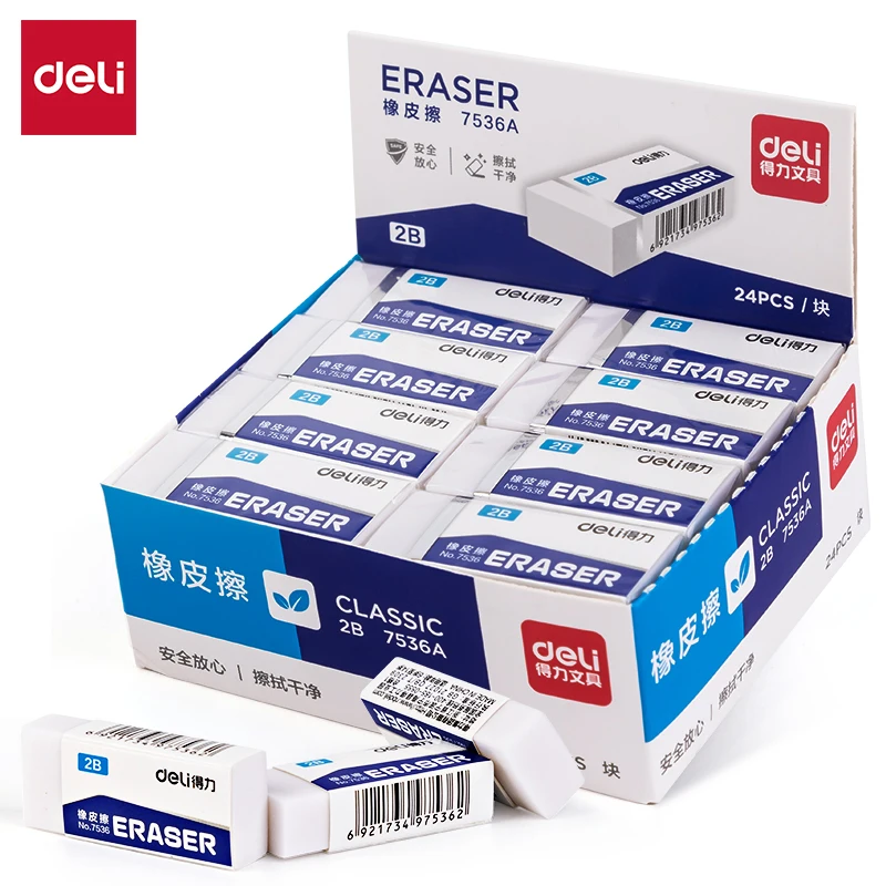 

1box/24pieces Deli Eraser Effective White 2B Easy-To-Wipe Texture Ideal For Writing Drawingsynthetic Rubber Material Test Eraser