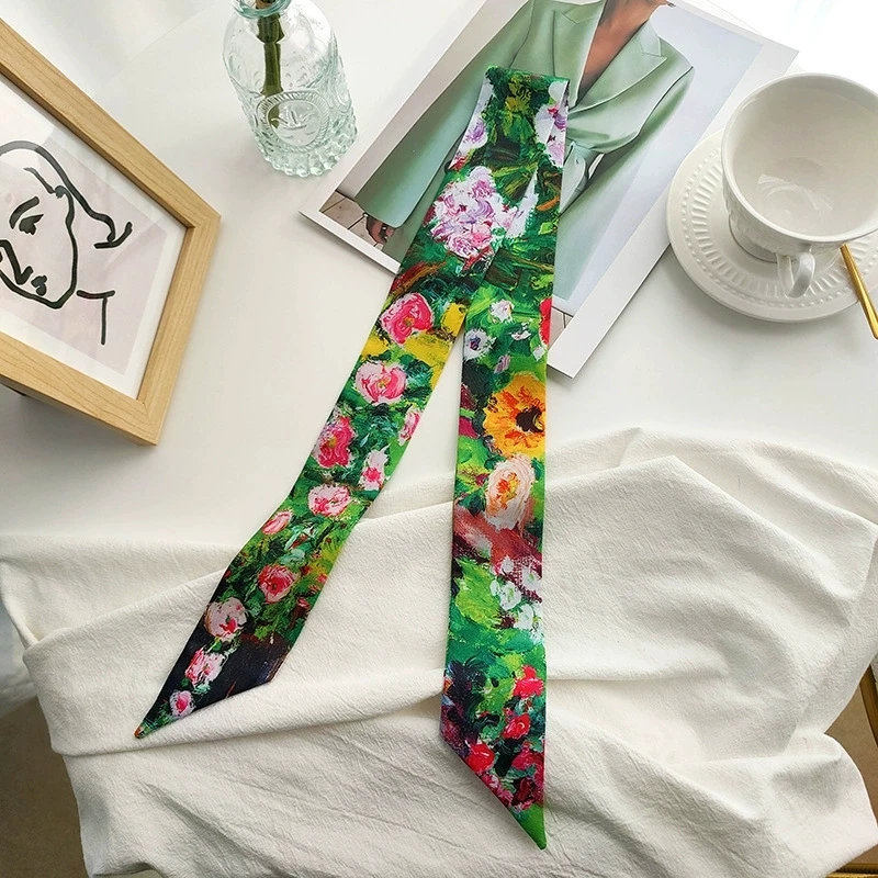

New Long Scarf For Women Headband Female Luxury Neckerchief Handle Bag Band Narrow Ribbon Hair Tie Accessories Scarves