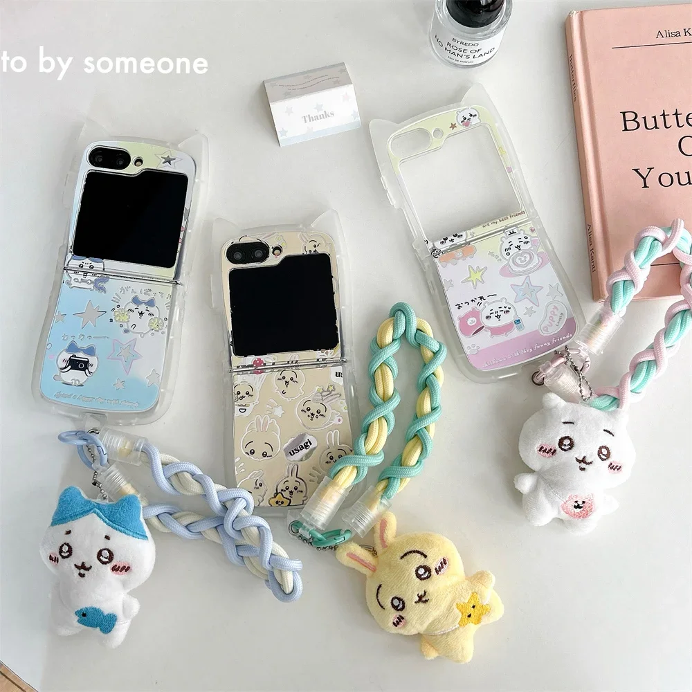 Cartoon Cute U-usagi H-hachiware with Lanyard 3D Ear Cat Phone Case for Samsung Galaxy Z Flip 3 4 Z Flip 5 6 5G PC Back Cover