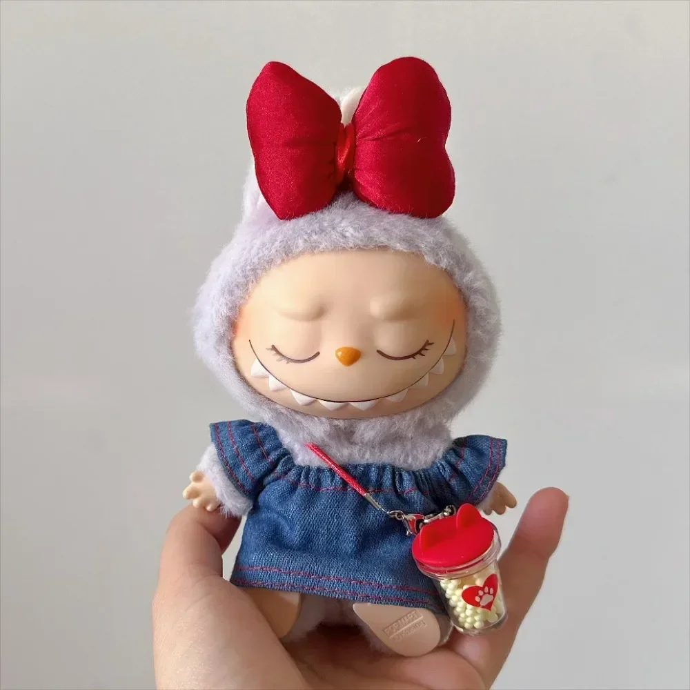 

For 17cm Labubu Doll Denim Skirt Red Bow Hair Clip Small Pendant Doll Clothes Labubu Accessories Outfit