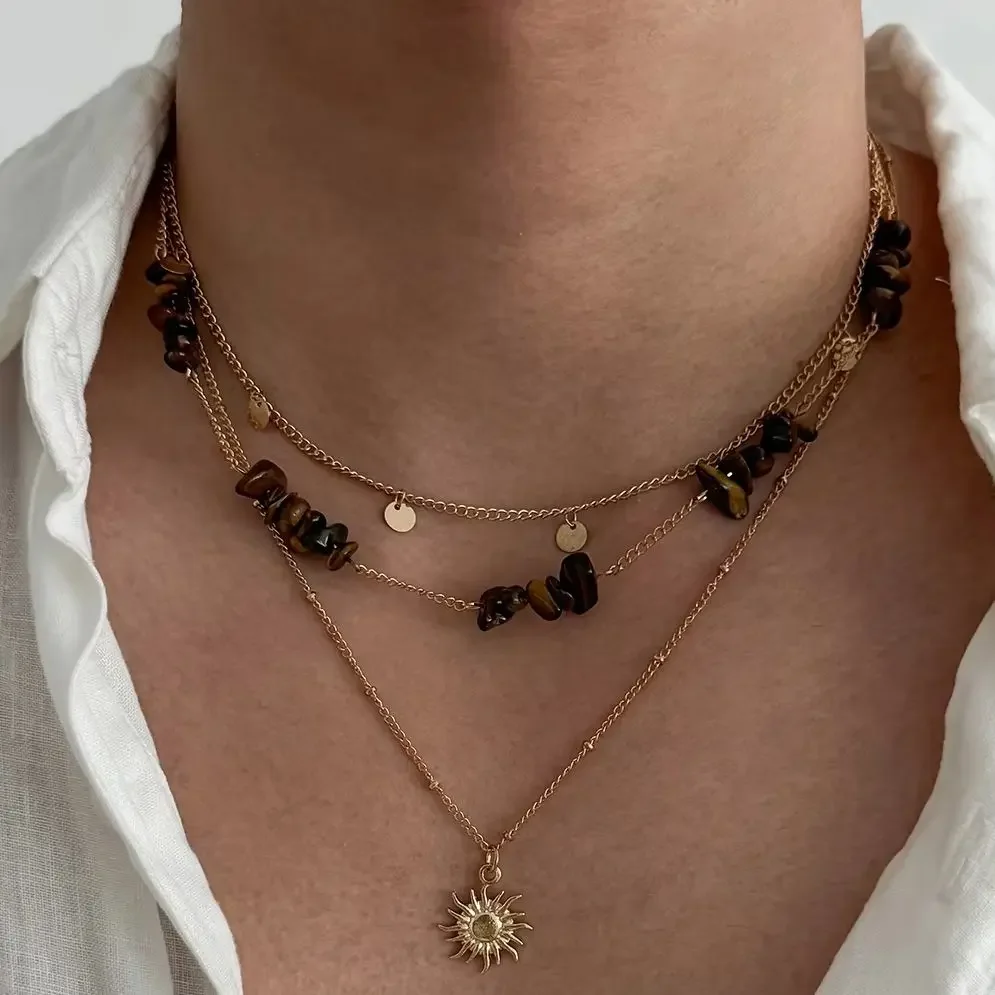 2027 New Fashion 3Pcs/Set Personality Metal Sun Flower Pendant Necklace for Men Trendy Turquoise Neck Chain Jewelry Accessories
