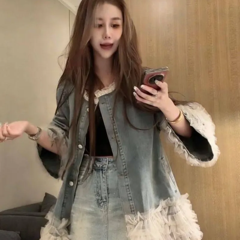 2026 New High-end Explosion Age-reducing Korean Version Wears Medium and Long Loose Denim Lace Splicing Jacket