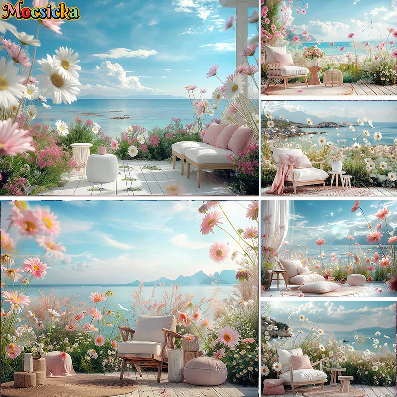 

Mocsicka Photography Background Spring Seaside Blue Sky White Cloud Floral Decor Baby Shower Kids Portrait Backdrop Photo Studio