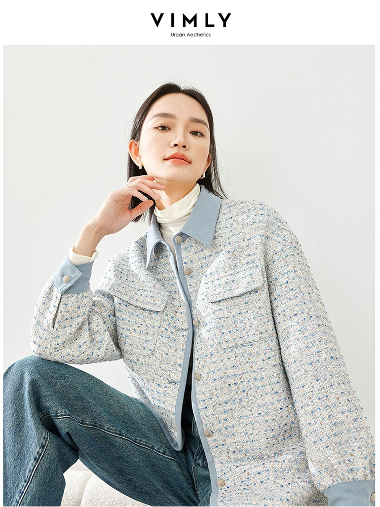 Vimly Winter Padded Tweed Coat Shackets for Women 2023 Patchwork Blue Mid-length Plaid Button Down Shirt Jackets Outerwear M3932