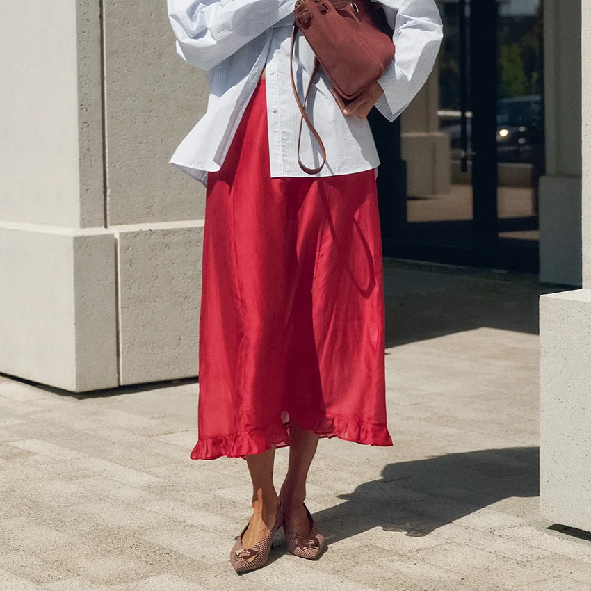Linad Street Chic Red Long Trumpet Skirts For Woman 2026 Autumn Vintage Loose High Waist Skirts Casual Ruffles Mid Calf Skirt