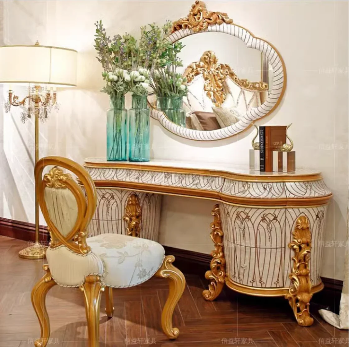 European luxury dressing table Italian shell parquet solid wood carved makeup mirror villa princess makeup table custom