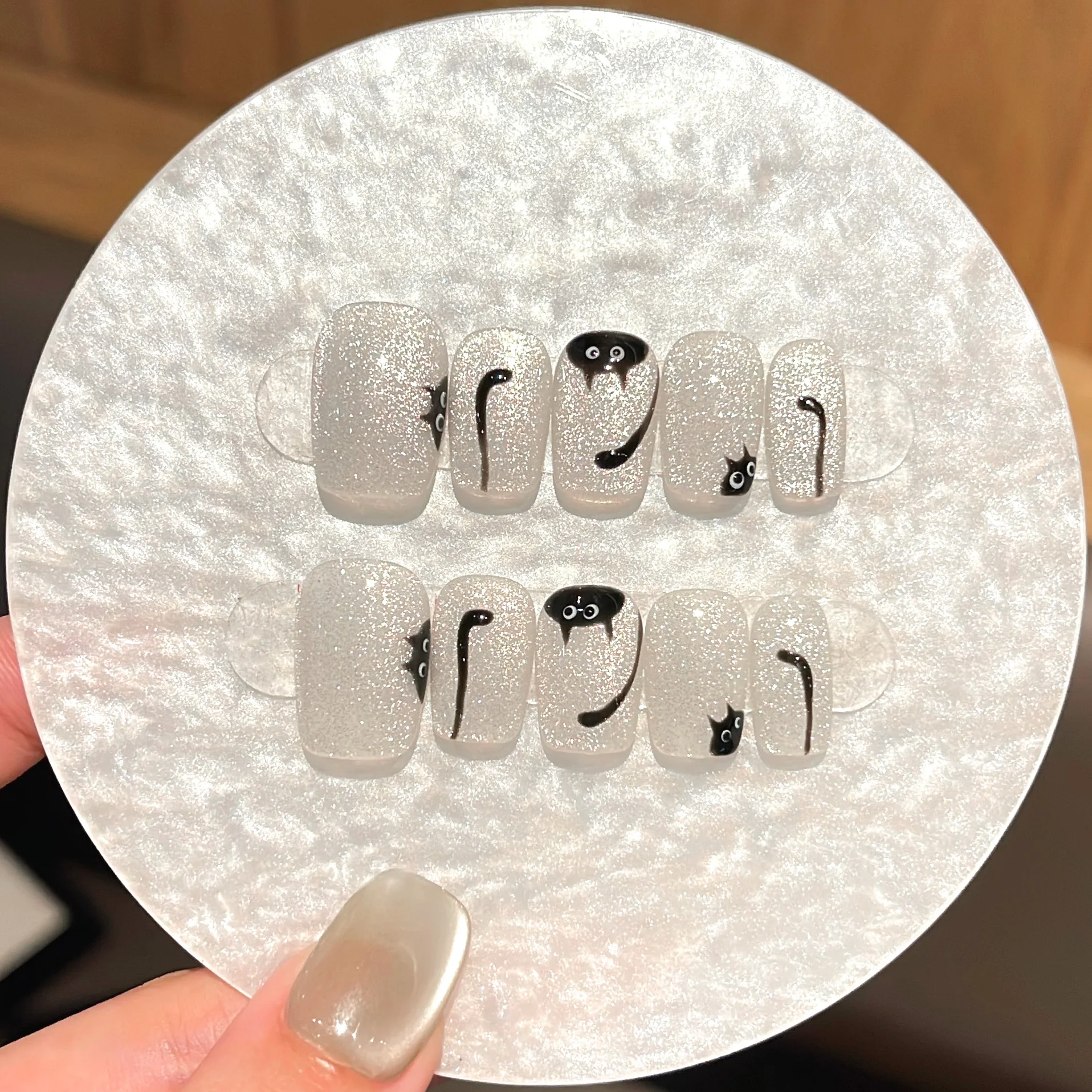 10PCS Original Handcrafted False Nails, Silver Glitter Short Square Press On Nails with Cute Black Cat Cartoon Nail Art Tips