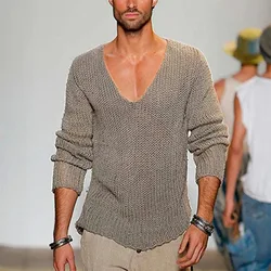 Deep V Neck Sweater Men's Casual Pullovers, Elegant Long Sleeve Solid Knitted Solid Tops, Men Streetwear, for Spring And Autumn