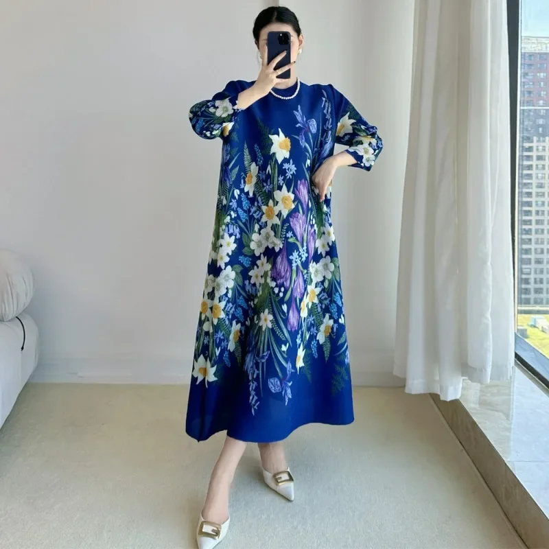 Pleated Dresses Premium Botanical Floral Printed Vintage Elegant Peplum Loose Plus Size Women's Dresses Party Traveling