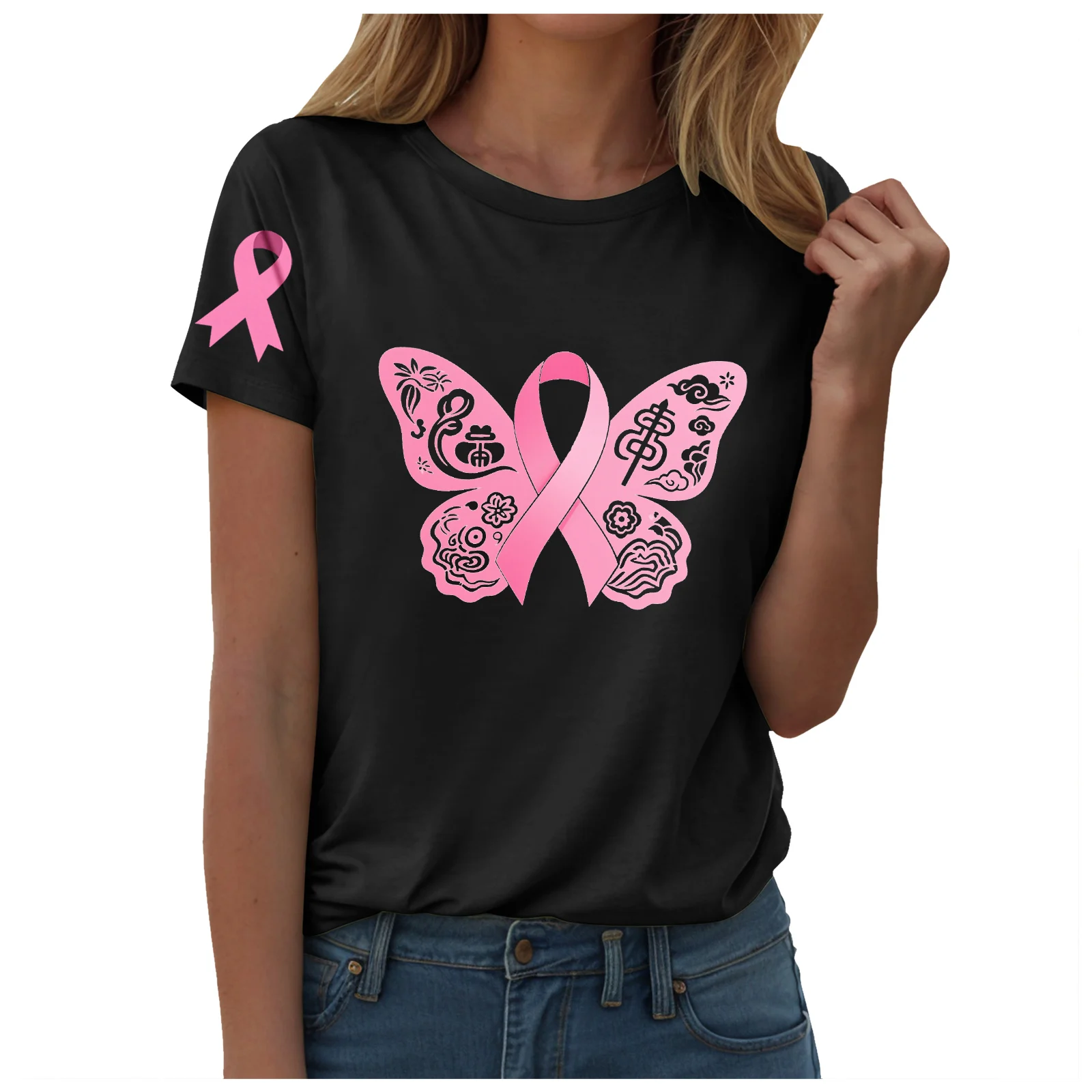 

Pajama Tops Women Women Breast Cancer Prevention And Month Fan With Printed Round Neck Short Sleeved T Women Short Sleeve Tops