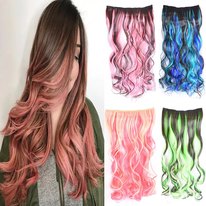 

Jeedou Wavy Synthetic Hair One-Piece 5 Clips Clip in Extension Dark Brown Piano Color Highlighted Natural Wavy Hairpieces