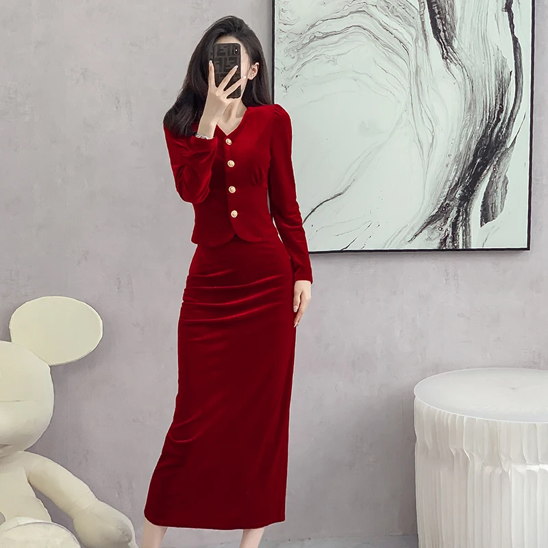 Autumn Top Skirt Two-piece Sets Women Elegant Banquet V-Neck Long Sleeve Slim Celebrity Style Velvet High Waist Solid Skirt Suit