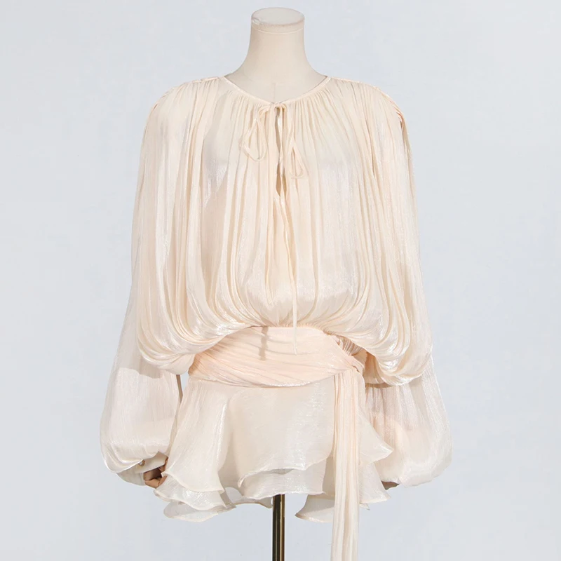 Tornova Elegant Pleated Mini Dress For Women Fashion Lace Up High Waist Evening Party Dress Female Long Sleeve Glowing Clothes