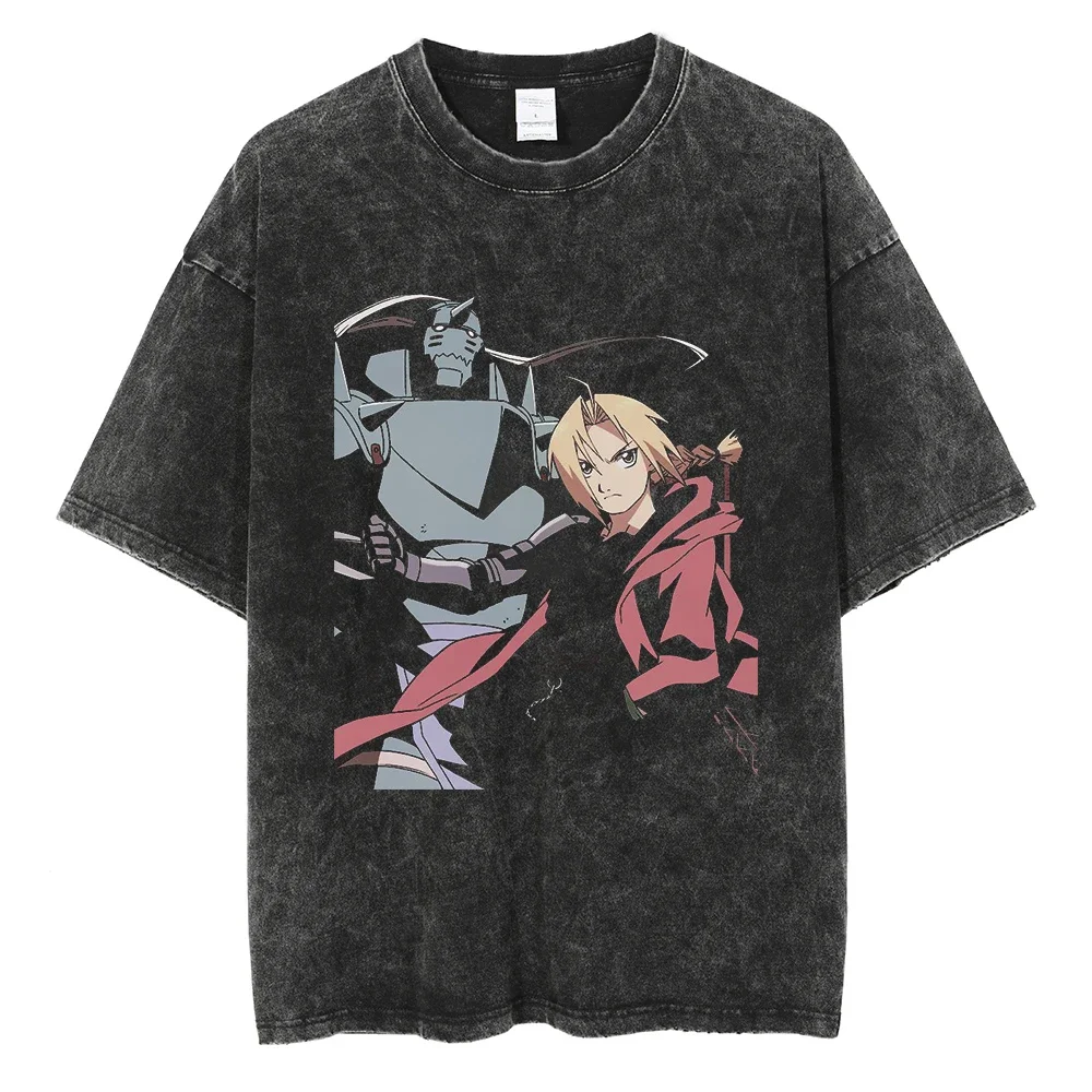 FULLMETAL ALCHEMIST Vintage Washed T Shirt Japanese Anime Print T-shirt Cotton Casual Tshirt Summer Short Sleeve Streetwear Tops