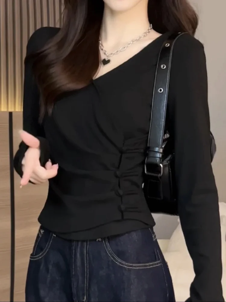 Maglietta Coreana a Maniche Lunghe in Maglia per Donna, Scollo a V, Vestibilità Slim, Design Trendy Autunnale, Sensazione Streetwear alla Moda