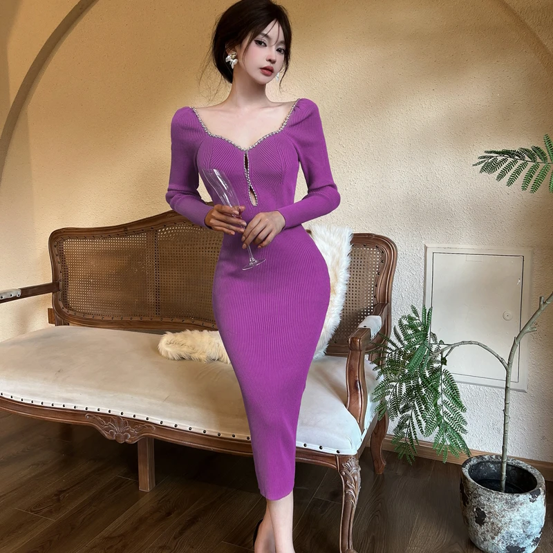 春の女性用高級ダイヤモンドVネックニットスリムパーティードレスヴィンテージエレガントファッション長袖セクシーボディコンドレス女性用