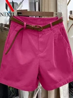 Pantalones cortos de algodón de verano para mujer, pantalones cortos coreanos holgados informales de pierna ancha con cinturón, Color sólido, rosa y rojo, ropa femenina