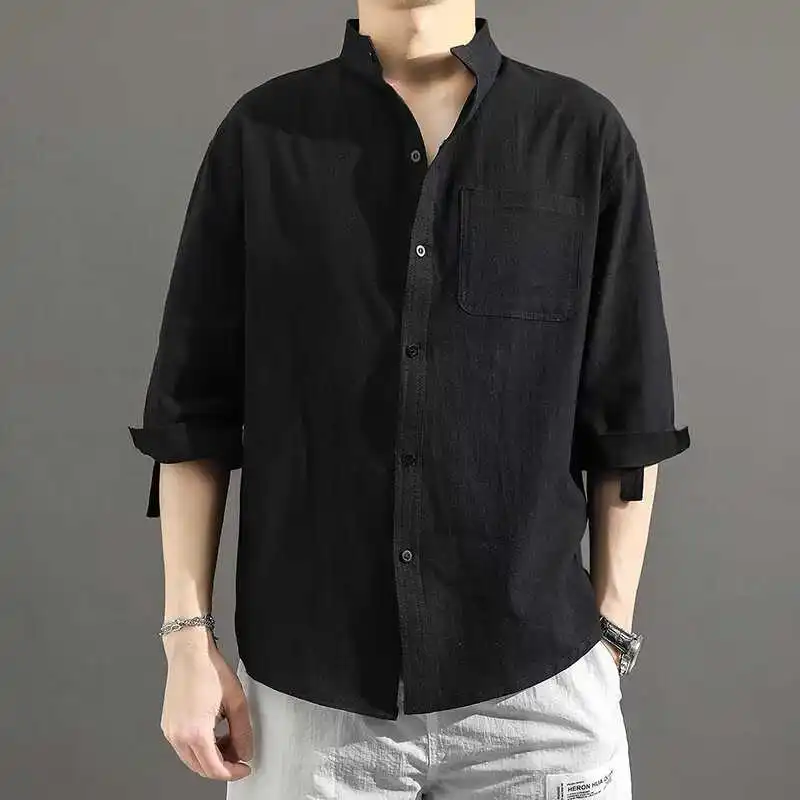 

Loose Trendy Large Size Linen ort Sve irt for Men Breathable Sun-Protective Cotton Blend Fabric Ice Sensation Summer S...